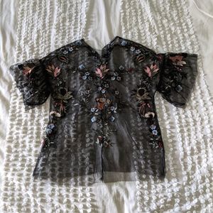 Black Mesh Embroidered Blouse